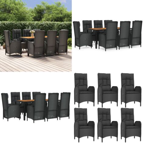 Set de comedor de jardín 9 pzas y cojines ratán sintético negro - Sillas de jardín reclinables - Cojines sintéticos