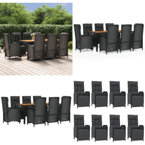 Set de comedor de jardín 9 pzas y cojines ratán sintético negro - Sillas de jardín reclinables - Cojines sintéticos