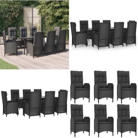 Set de comedor de jardín 9 pzas y cojines ratán sintético negro - Sillas de jardín reclinables - Cojines sintéticos