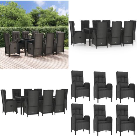 Set de comedor de jardín 9 pzas y cojines ratán sintético negro - Sillas de jardín reclinables - Cojines sintéticos