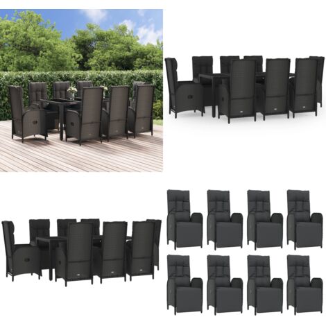 Set de comedor de jardín 9 pzas y cojines ratán sintético negro - Sillas reclinables - Ratán sintético