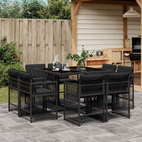 Set de comedor de jardín 9 pzas y cojines ratán sintético negro vidaXL