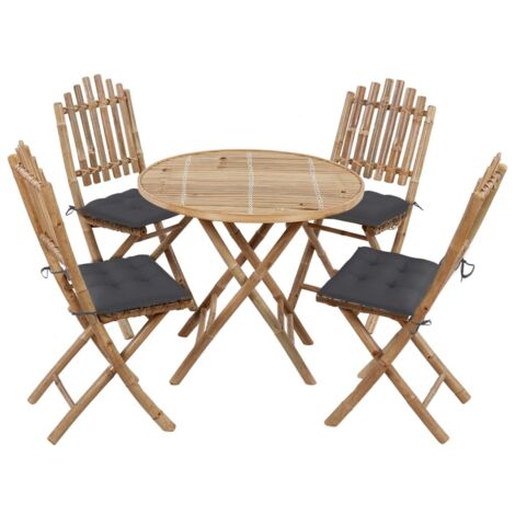 Set de comedor de jardín plegable 5 piezas con cojines bambú