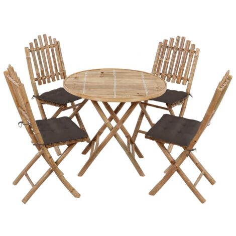 Set de comedor de jardín plegable 5 piezas con cojines bambú