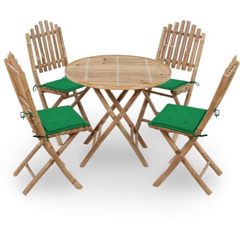 Set de comedor exterior plegable 5 piezas con cojines bambú