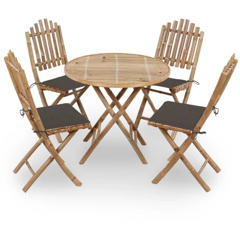 Set de comedor exterior plegable 5 piezas con cojines bambú