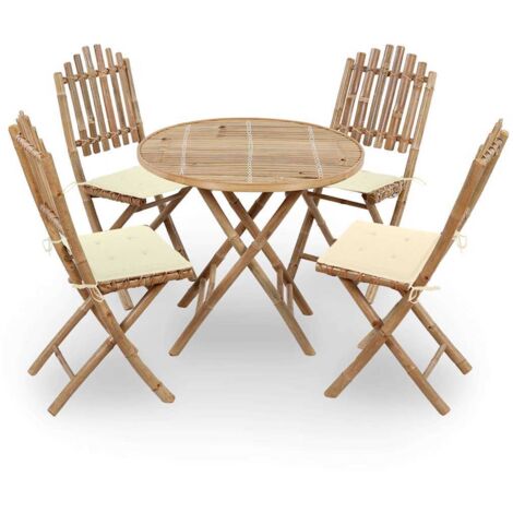 Set de comedor exterior plegable 5 piezas con cojines bambú