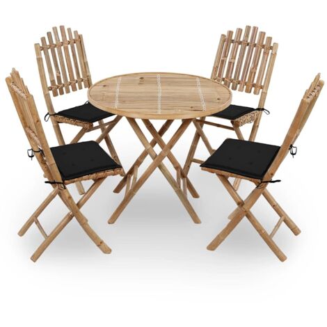 Set de comedor exterior plegable 5 piezas con cojines bambú
