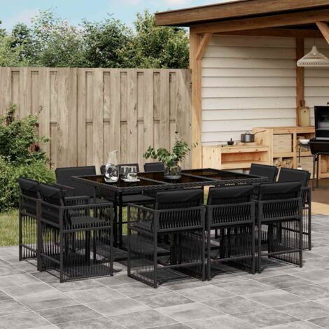 Set de comedor jardín 11 pzas con cojines ratán sintético negro