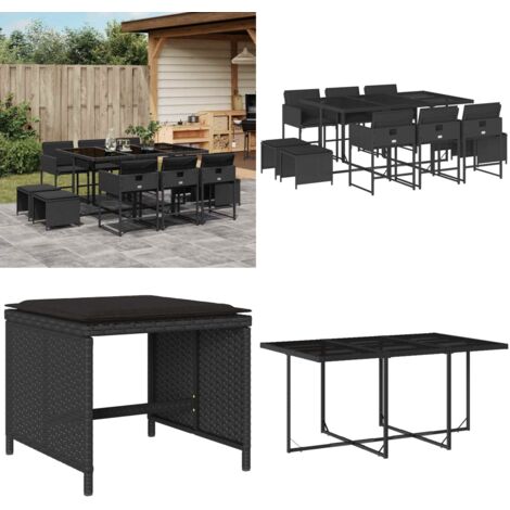 Set de comedor jardín 11 pzas con cojines ratán sintético negro - Sillas de jardín - Cojines para sillas