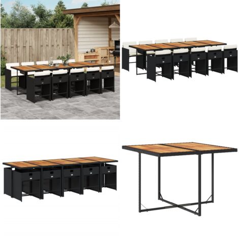 Set de comedor jardín 11 pzas con cojines ratán sintético negro - Sillas de jardín - Mesa de jardín