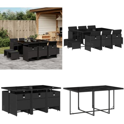 Set de comedor jardín 11 pzas con cojines ratán sintético negro - Sillas de jardín - Mesa de jardín