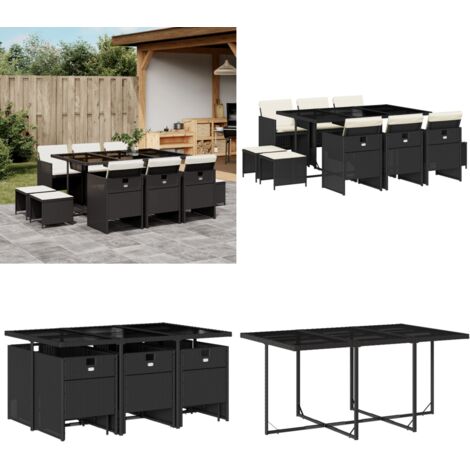 Set de comedor jardín 11 pzas con cojines ratán sintético negro - Sillas de jardín - Mesa de jardín