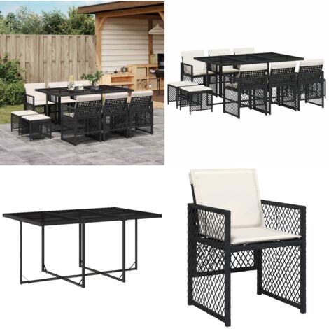 Set de comedor jardín 11 pzas con cojines ratán sintético negro - Sillas de jardín - Mesa de jardín
