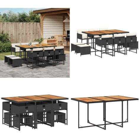 Set de comedor jardín 11 pzas con cojines ratán sintético negro - Sillas de jardín - Mesa de jardín