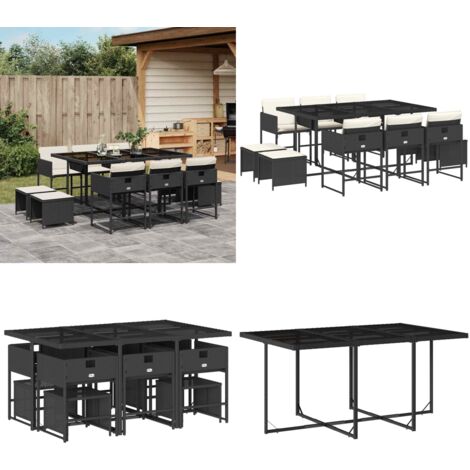 Set de comedor jardín 11 pzas con cojines ratán sintético negro - Sillas de jardín - Mesa de jardín