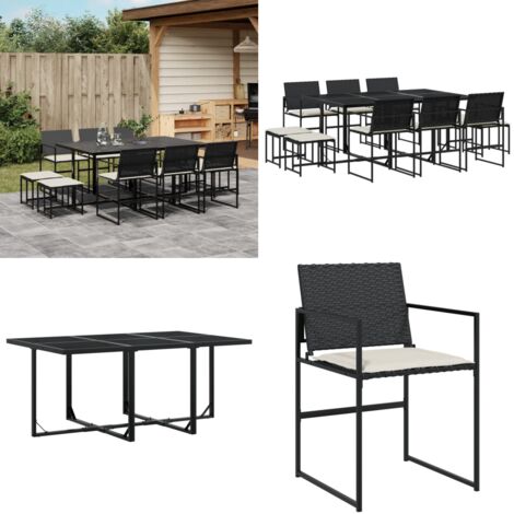 Set de comedor jardín 11 pzas con cojines ratán sintético negro - Sillas de jardín - Mesa de jardín