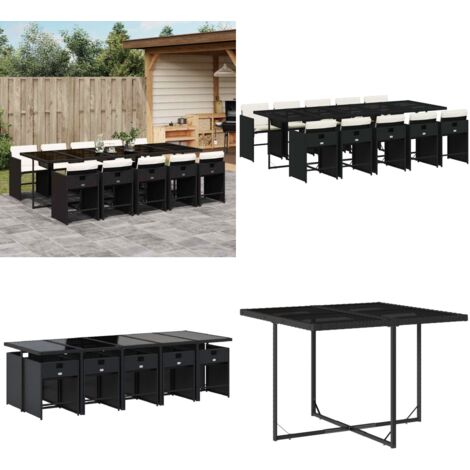 Set de comedor jardín 11 pzas con cojines ratán sintético negro - Sillas de jardín - Mesa de jardín