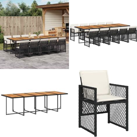Set de comedor jardín 11 pzas con cojines ratán sintético negro - Sillas de jardín - Mesa de jardín