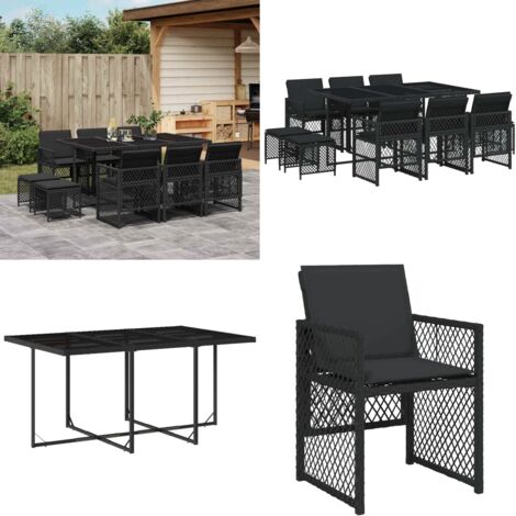 Set de comedor jardín 11 pzas con cojines ratán sintético negro - Sillas de jardín - Mesa de jardín