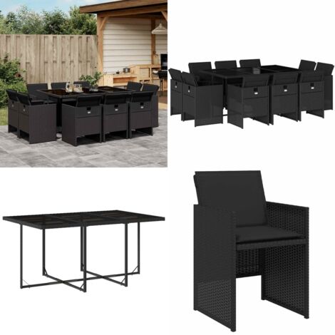 Set de comedor jardín 11 pzas con cojines ratán sintético negro - Sillas de jardín - Mesa de jardín