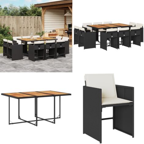Set de comedor jardín 11 pzas con cojines ratán sintético negro - Sillas de jardín - Mesa de jardín