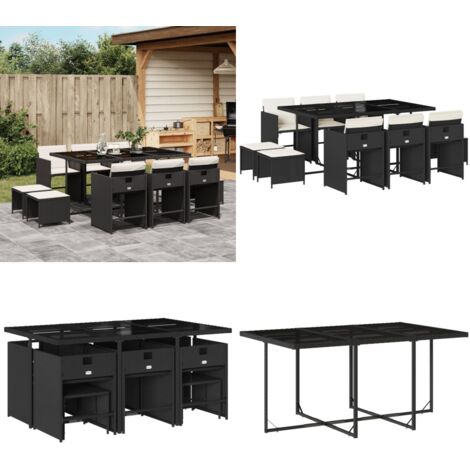 Set de comedor jardín 11 pzas con cojines ratán sintético negro - Sillas de jardín - Mesa de jardín