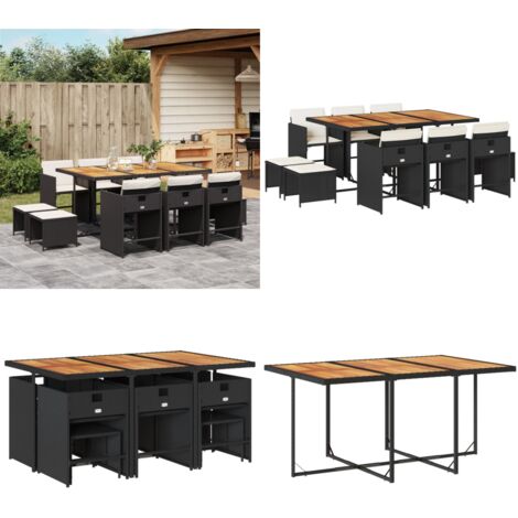 Set de comedor jardín 11 pzas con cojines ratán sintético negro - Sillas de jardín - Mesa de jardín