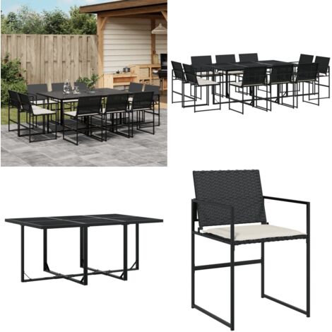 Set de comedor jardín 11 pzas con cojines ratán sintético negro - Sillas de jardín - Mesa de jardín