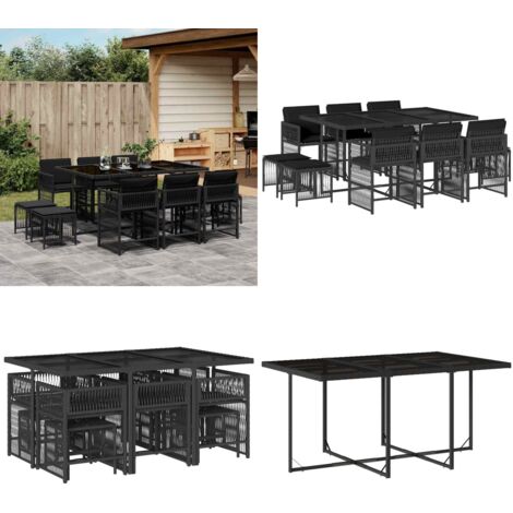 Set de comedor jardín 11 pzas con cojines ratán sintético negro - Sillas de jardín - Mesa de jardín