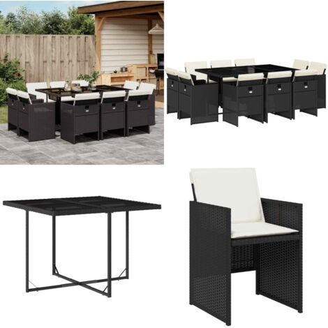 Set de comedor jardín 11 pzas con cojines ratán sintético negro - Sillas de jardín - Mesa de jardín