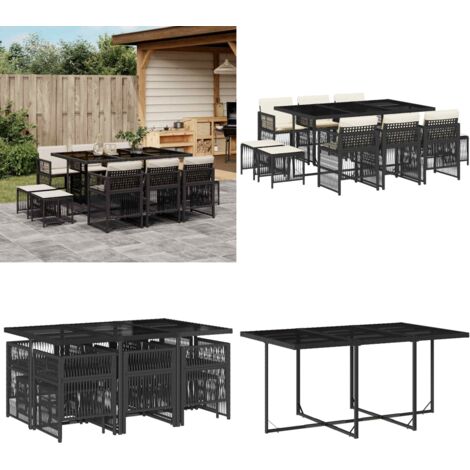 Set de comedor jardín 11 pzas con cojines ratán sintético negro - Sillas de jardín - Mesa de jardín