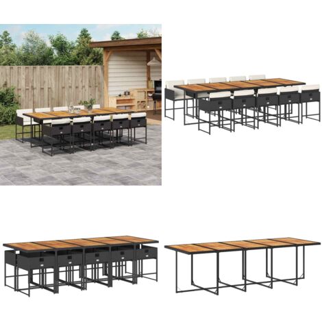 Set de comedor jardín 11 pzas con cojines ratán sintético negro - Sillas de jardín - Mesa de jardín