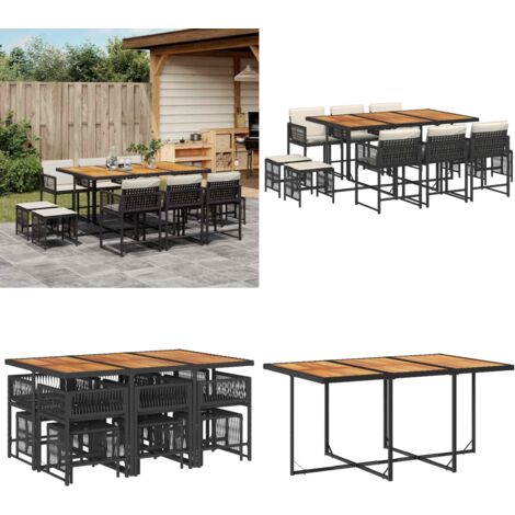 Set de comedor jardín 11 pzas con cojines ratán sintético negro - Sillas de jardín - Mesa de jardín