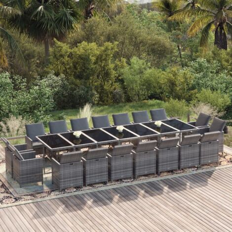 Set de comedor jardín 19 pzas con cojines ratán sintético gris