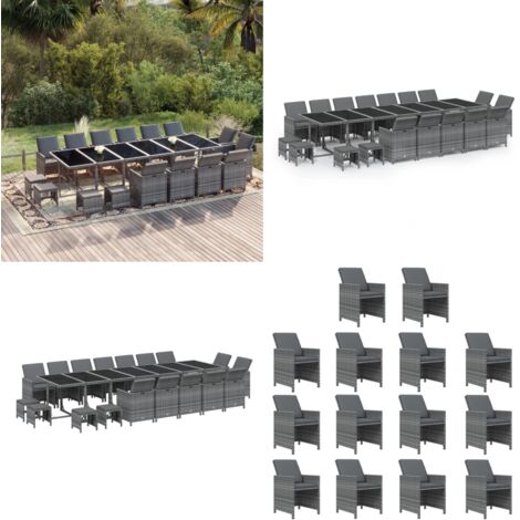 Set de comedor jardín 19 pzas con cojines ratán sintético gris - Comedor de jardín - Sillas de jardín