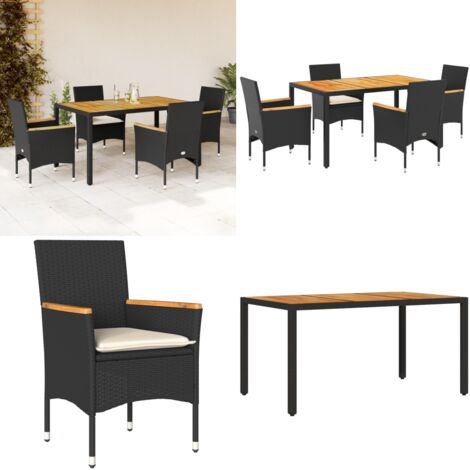 Set de comedor jardín 5 pzas con cojines ratán PE acacia negro - Muebles de jardín - Sillas de jardín