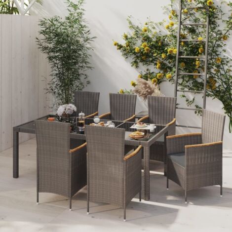 Set de comedor jardín 7 pzas cojines ratán sintético negro gris vidaXL
