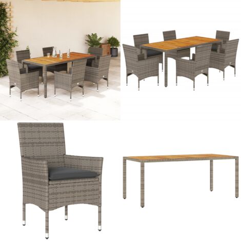 Set de comedor jardín 7 pzas con cojines ratán PE acacia gris - Muebles de jardín - Sillas de jardín
