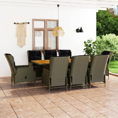 Set de comedor jardín 9 piezas cojines ratán sintético marrón vidaXL