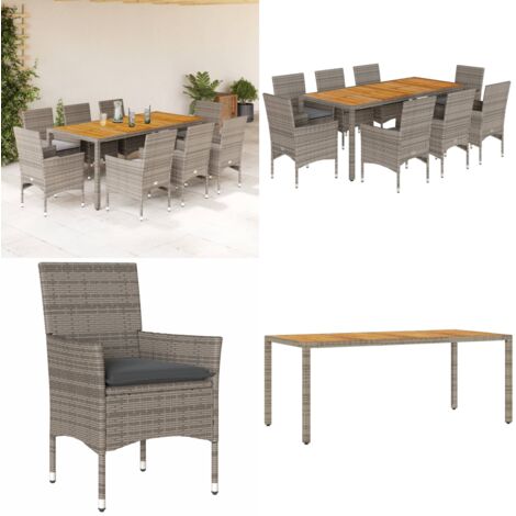 Set de comedor jardín 9 pzas con cojines ratán PE acacia gris - Muebles de jardín - Sillas de jardín