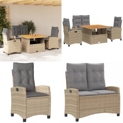 Set de comedor jardín con cojines 4 pzas ratán sintético beige - Muebles de jardín - Sillas reclinables