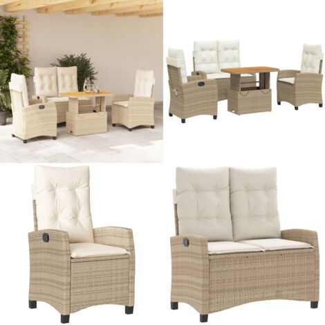 Set de comedor jardín con cojines 4 pzas ratán sintético beige - Muebles de jardín - Sillas reclinables