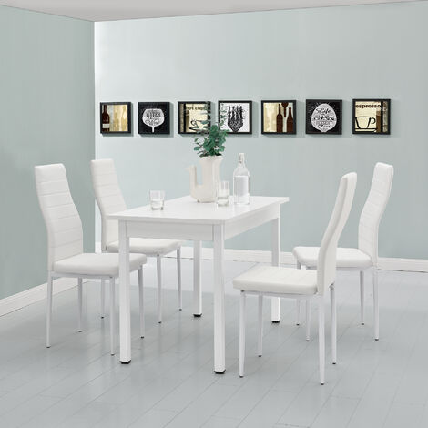 Set de comedor Jørpeland  mesa de comedor con 4 sillas MDF acero Polipiel 120 x 60 x75 cm - Blanco [en.casa]