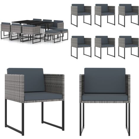 Set de comedor para jardín 11 pzas cojines ratán sintético gris - Cojines para jardín - Mesa de jardín