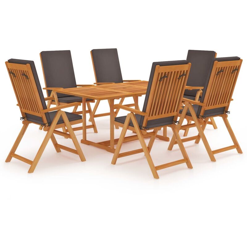 

Set de comedor para jardín 7 piezas teca maciza y cojines gris