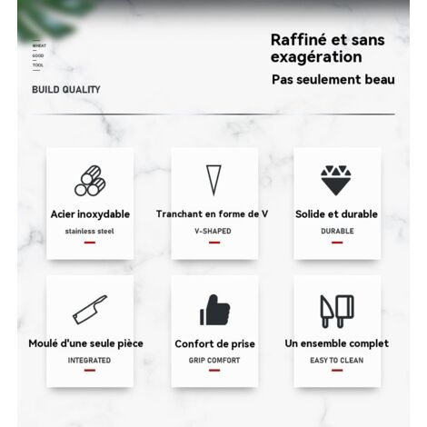 Set de couteaux de cuisine en acier inoxydable : couteau chef, éminceur, couteau à fruits, manche creux