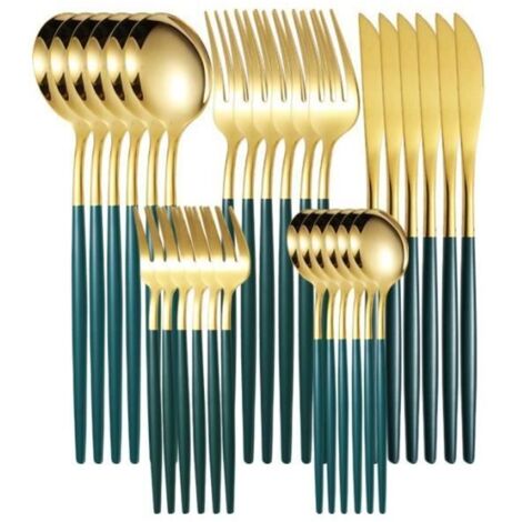 Set de couverts en acier inoxydable (couteau, fourchette et cuillère) 30 pièces, set de couverts pour 6 personnes, vert et or