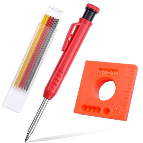 Set de Crayon de Charpentier Solide pour Construction avec 7 Recharges Taille-Crayon Intégré, Marqueur de Crayon Mécanique à Trou Profond à Long Nez pour Fête des Pères (Rouge)