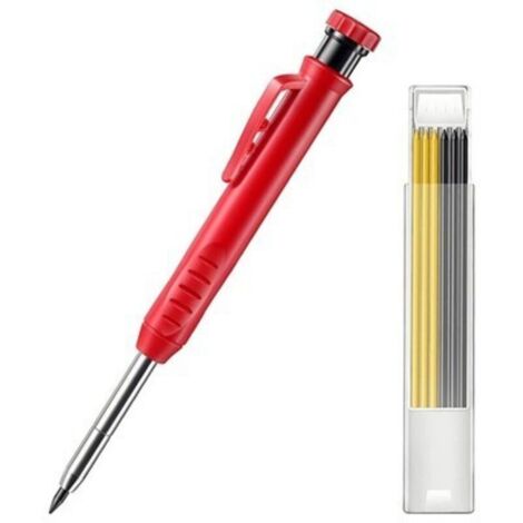 Set de Crayon de Charpentier Solide pour Construction avec 7 Recharges Taille-Crayon Intégré, Marqueur de Crayon Mécanique à Trou Profond à Long Nez pour Fête des Pères (Rouge)